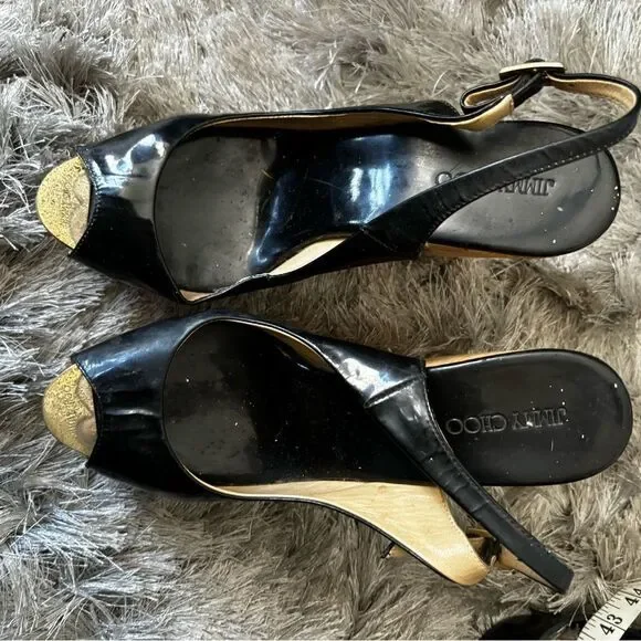 JIMMY CHOO cork wedge slingback sandals classic black dress shoes open toe y2k - Picture 1 of 7